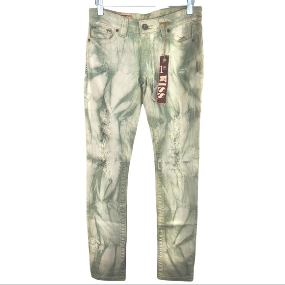 🆕 1st Kiss Green & Cream Tie Dye Ripped Distressed Skinny Jeans Juniors Size 3 - Picture 3 of 6